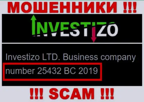 Investizo LTD интернет-аферистов Инвестицо зарегистрировано под этим номером: 25432 BC 2019