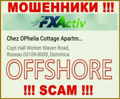 Организация ФХ Актив указывает на веб-сайте, что находятся они в оффшорной зоне, по адресу Chez OPhelia Cottage ApartmentsCopt Hall Wotten Waven Road, Roseau 00109-8000, Dominica