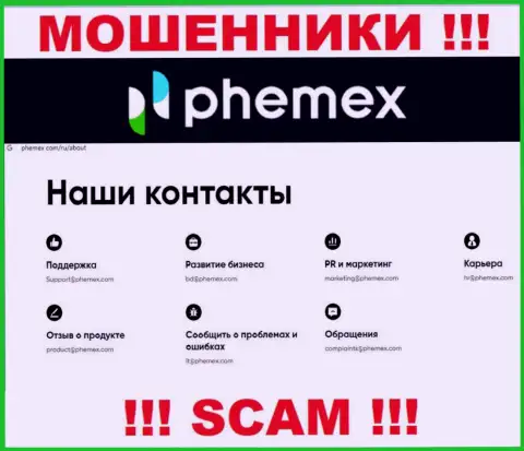 Не контактируйте с мошенниками Пхемекс Ком через их адрес электронного ящика, представленный на их сайте - сольют