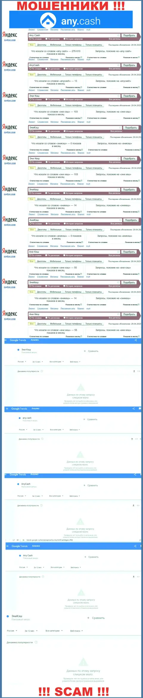 Скрин результатов поисковых запросов по противозаконно действующей организации Any Cash