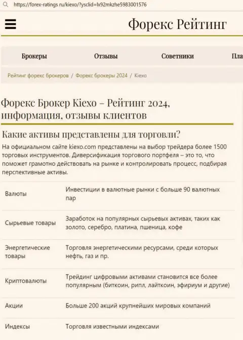 Перечень инструментов для торгов от дилингового центра Kiexo Com в информационном материале на веб-сервисе Форекс-Рейтингс Ру